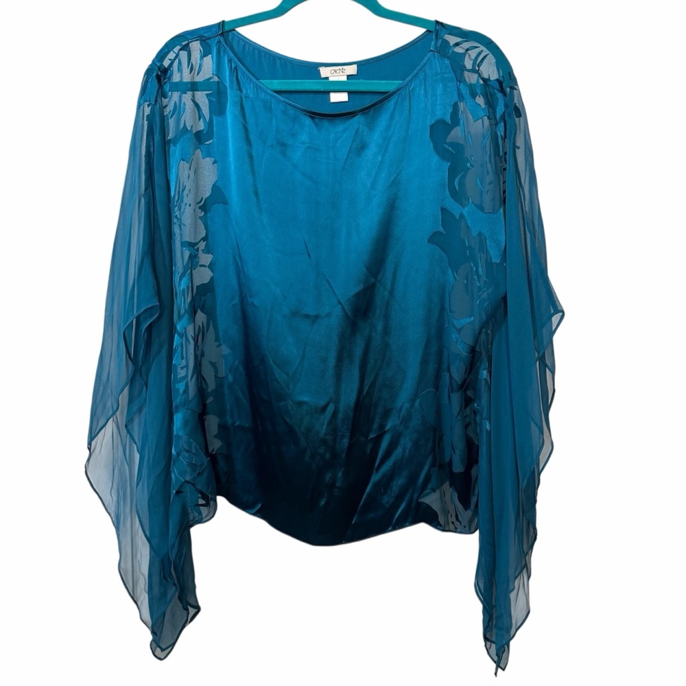 Vintage Cache Flutter Sleeves Teal Silk Blend Sheer Blouse with Tie Waist - Picture 5 of 11